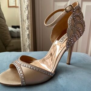 Badgley Mischka Champagne Satin Heels with Rhinestones